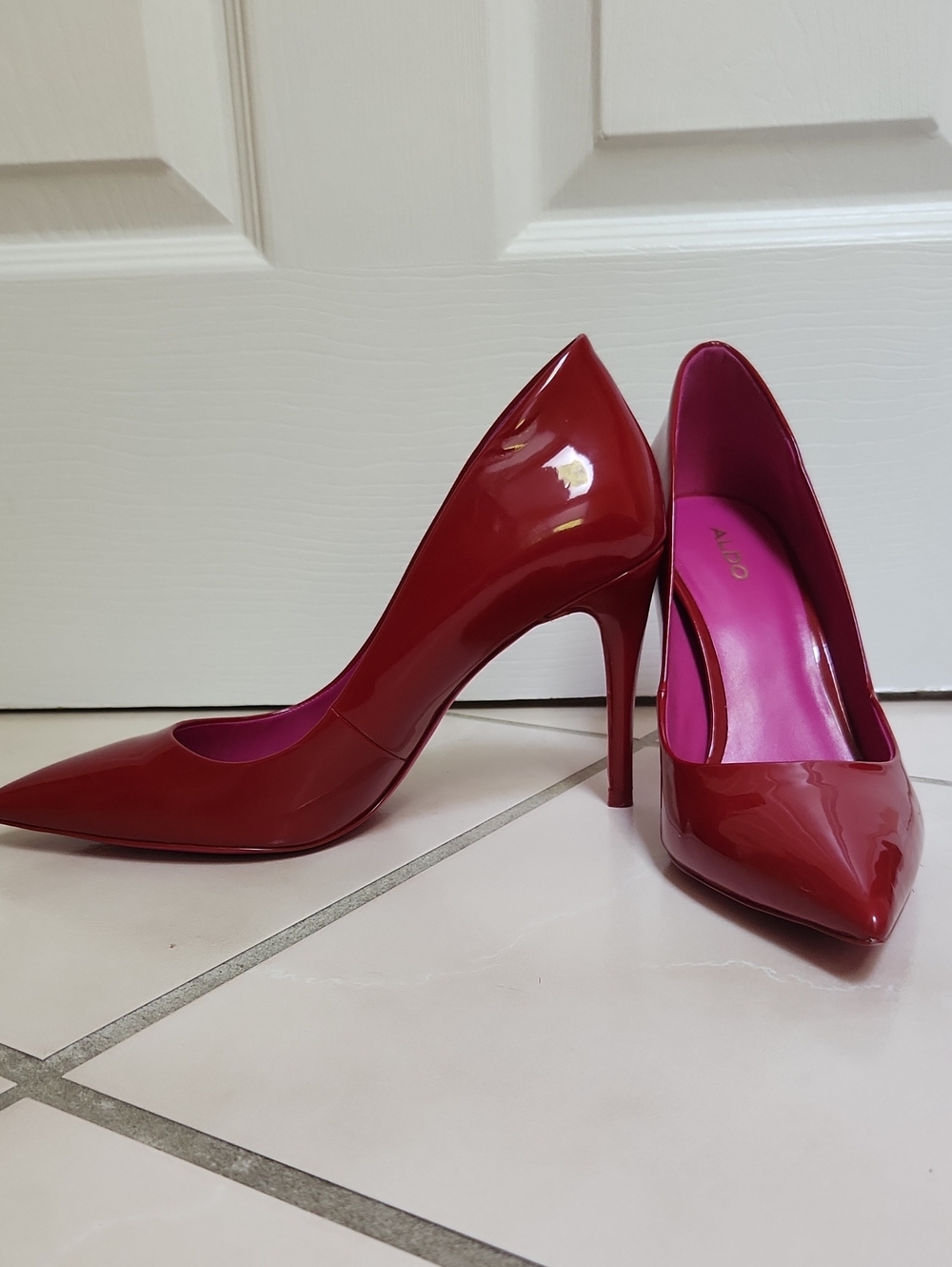 Aldo Red Patent Pointed Stiletto Pumps with Pink Lining